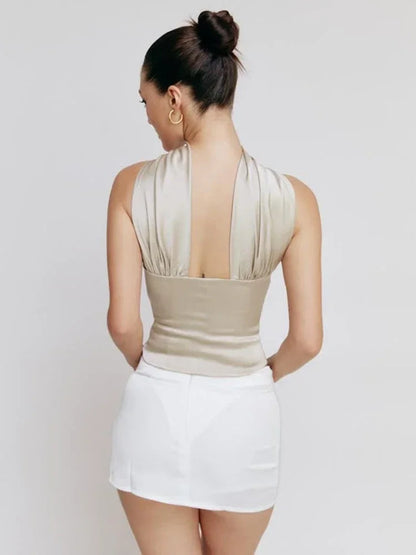 Tops Curtos de Cetim Sem Costas com Alça Halter